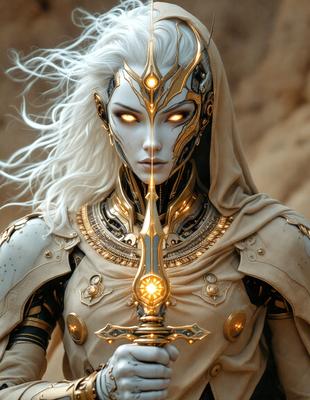 The primary subject of the image is a woman with white hair and a white gown. She is holding a sword in her hand. The setting appears to be a rocky outdoor environment. The visual style of the image is a combination of digital art and illustration. The colors in the image are predominantly white, giving it a clean and elegant appearance. The overall mood of the image is one of strength and power, as the woman is depicted as a warrior or a character from a fantasy story.